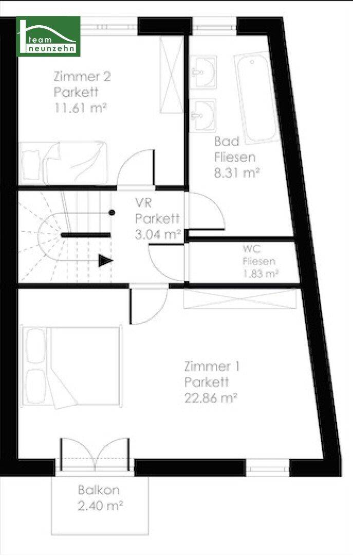 Grundriss des Obergeschosses mit zwei Schlafzimmern, Bad, separatem WC und Balkon.