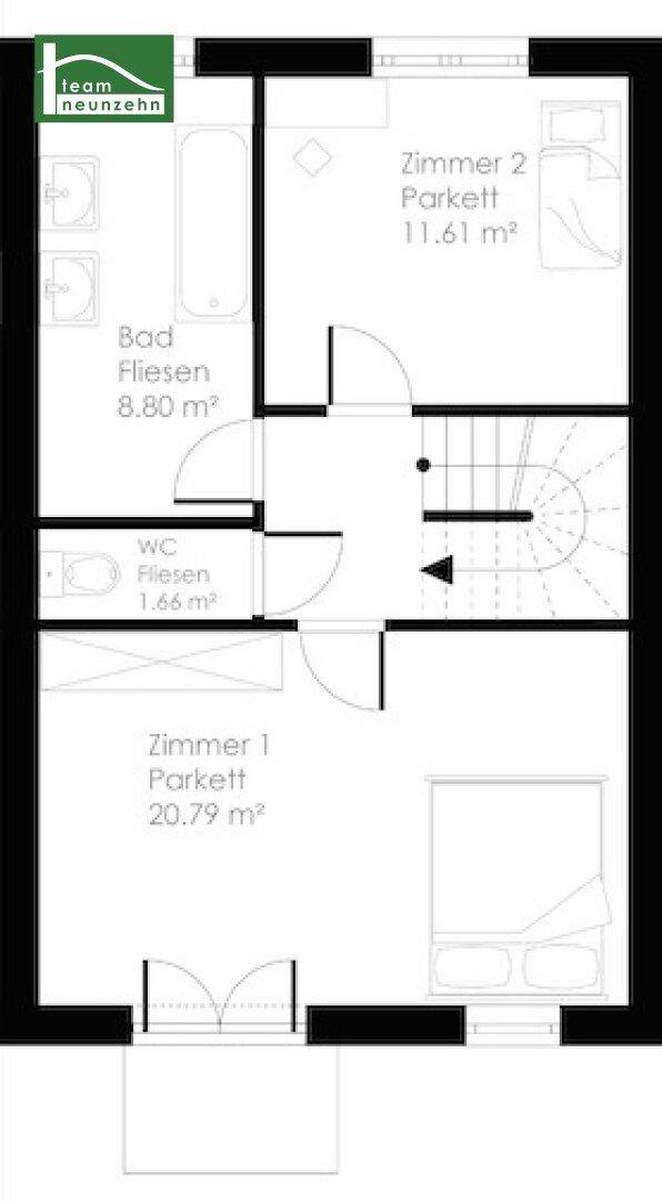 Grundriss des Obergeschosses von Haus 2 mit zwei Schlafzimmern, Bad, separatem WC und Balkon.