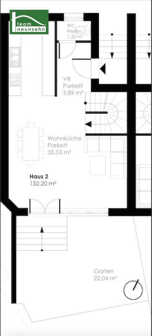 Grundriss des Erdgeschosses von Haus 2 mit offener Wohnküche, Gäste-WC und Garten.