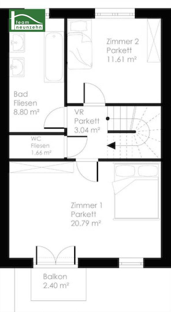 Grundriss des Obergeschosses von Haus 2 mit zwei Schlafzimmern, Bad, separatem WC und Balkon.