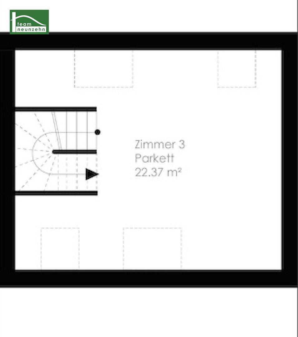 Grundriss des Dachgeschosses mit einem weiteren Zimmer und Treppenaufgang.
