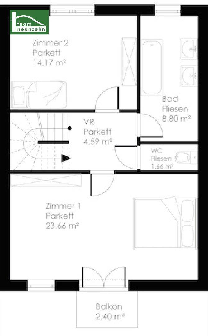 Grundriss des Obergeschosses mit zwei Schlafzimmern, Bad, separatem WC und Balkonzugang.