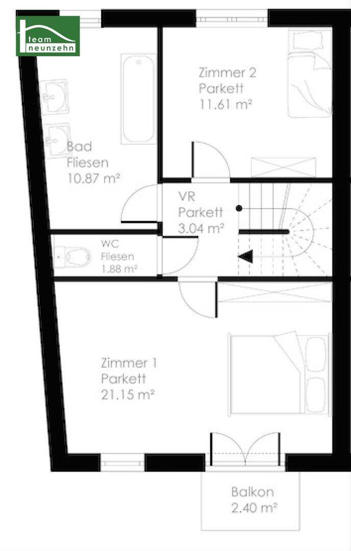 Grundriss des Obergeschosses mit zwei Schlafzimmern, Bad, separatem WC und Balkon.