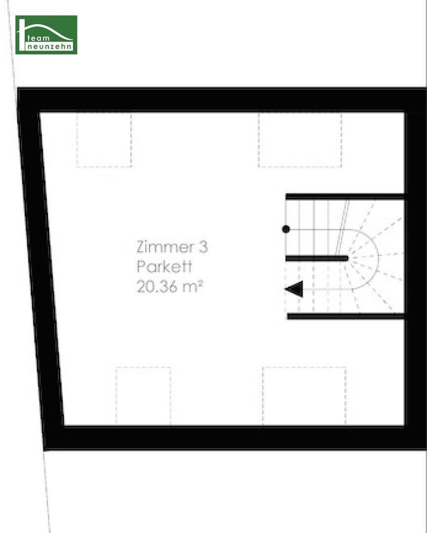 Grundriss des Dachgeschosses mit einem weiteren Zimmer und Zugang über eine Wendeltreppe.