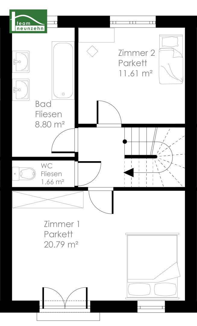 Grundriss des Obergeschosses von Haus 2 mit zwei Schlafzimmern, Bad, separatem WC und Balkon.