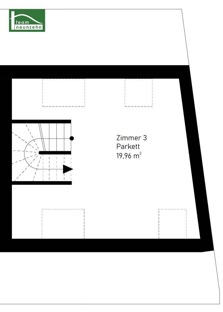 Grundriss des Dachgeschosses mit einem Zimmer und Treppenzugang.