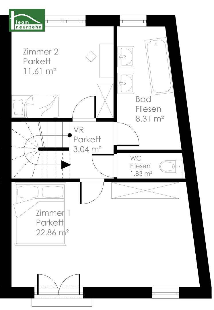 Grundriss des Obergeschosses mit zwei Schlafzimmern, Bad, separatem WC und Balkon.