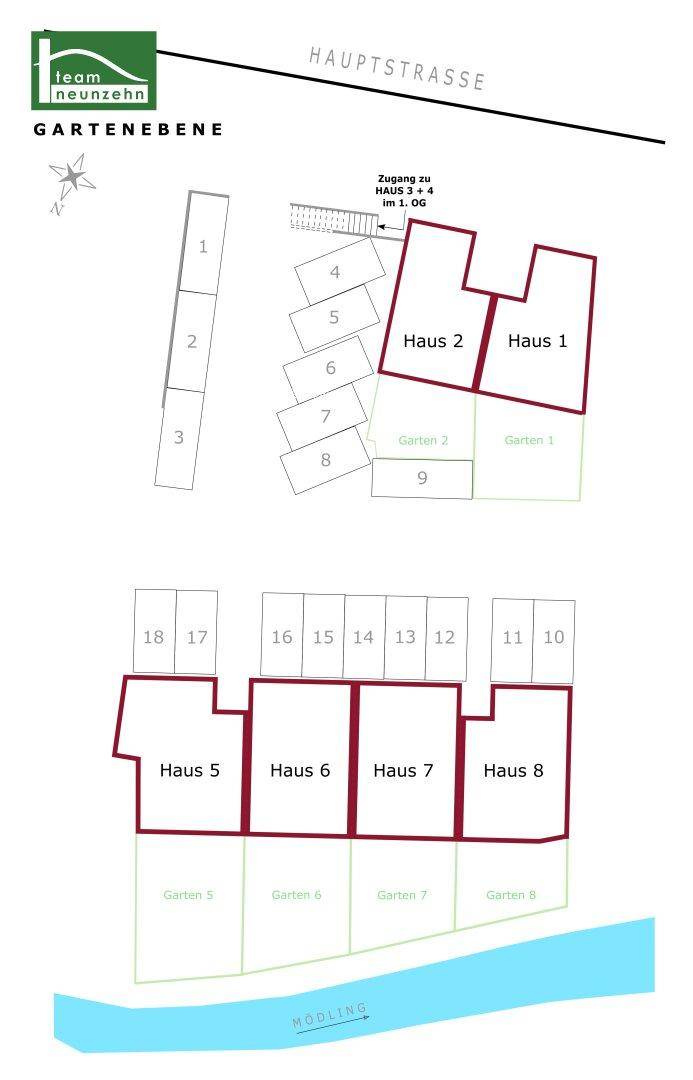 Übersichtsplan des Gartengeschosses mit mehreren Häusern und zugehörigen Gartenbereichen.