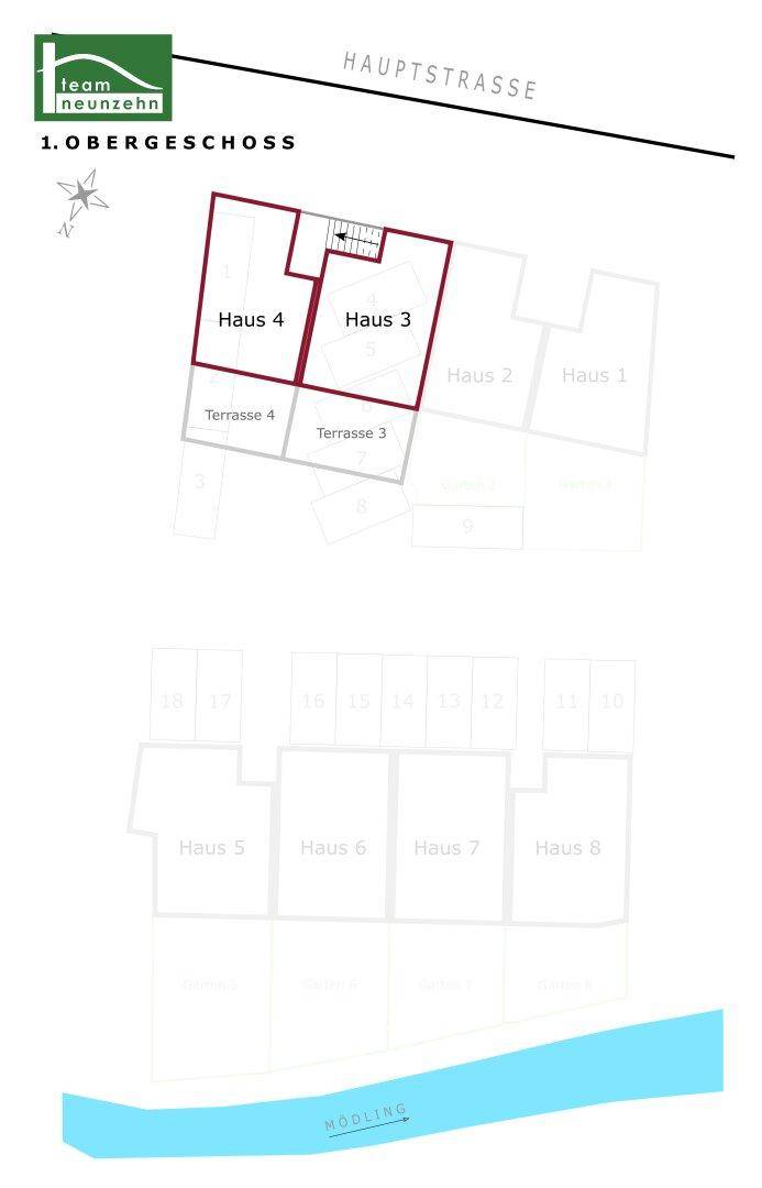 Übersichtsplan des ersten Obergeschosses mit Häusern 3 und 4 sowie den zugehörigen Terrassen.