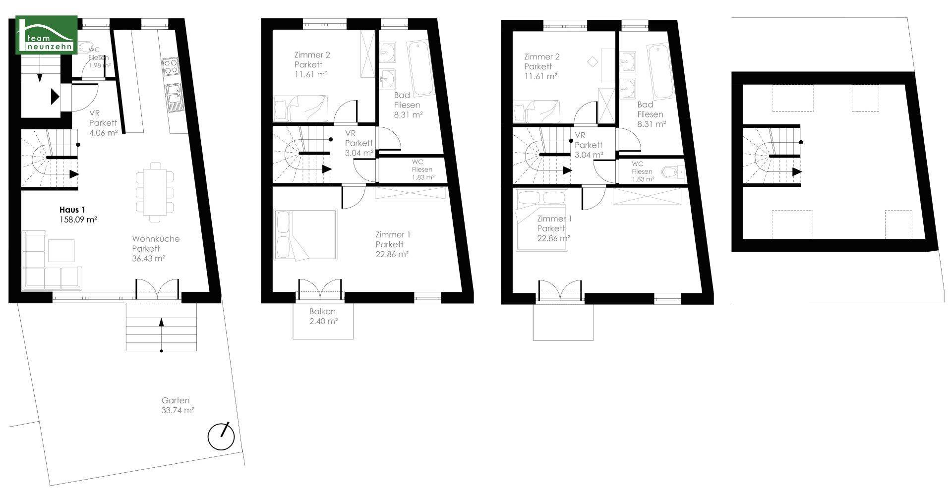 Detaillierter Grundriss von Haus 1 über mehrere Etagen mit Wohnküche, Zimmern und Garten.