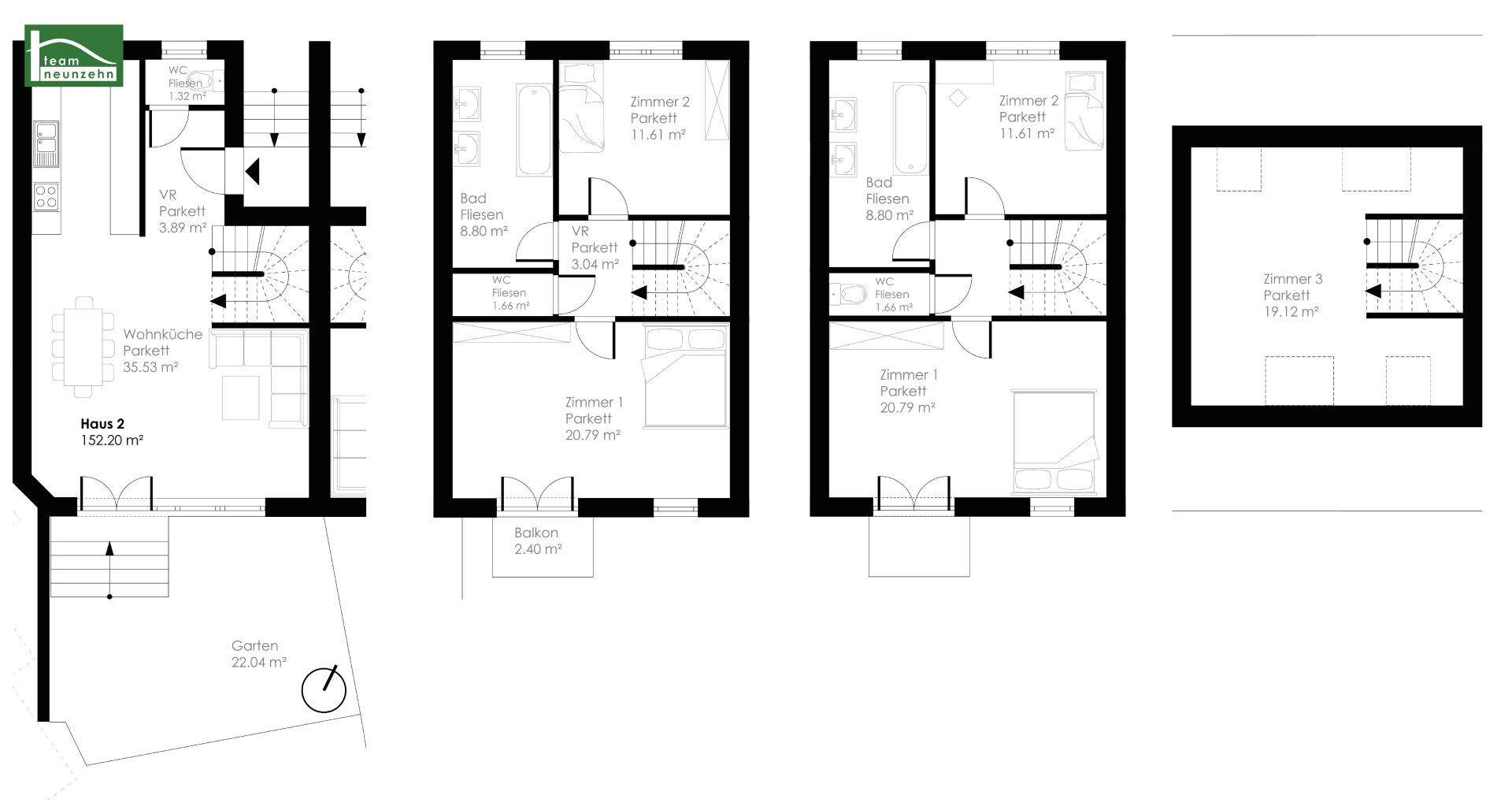 Detaillierter Grundriss von Haus 2 über mehrere Etagen mit Wohnküche, Zimmern und Garten.