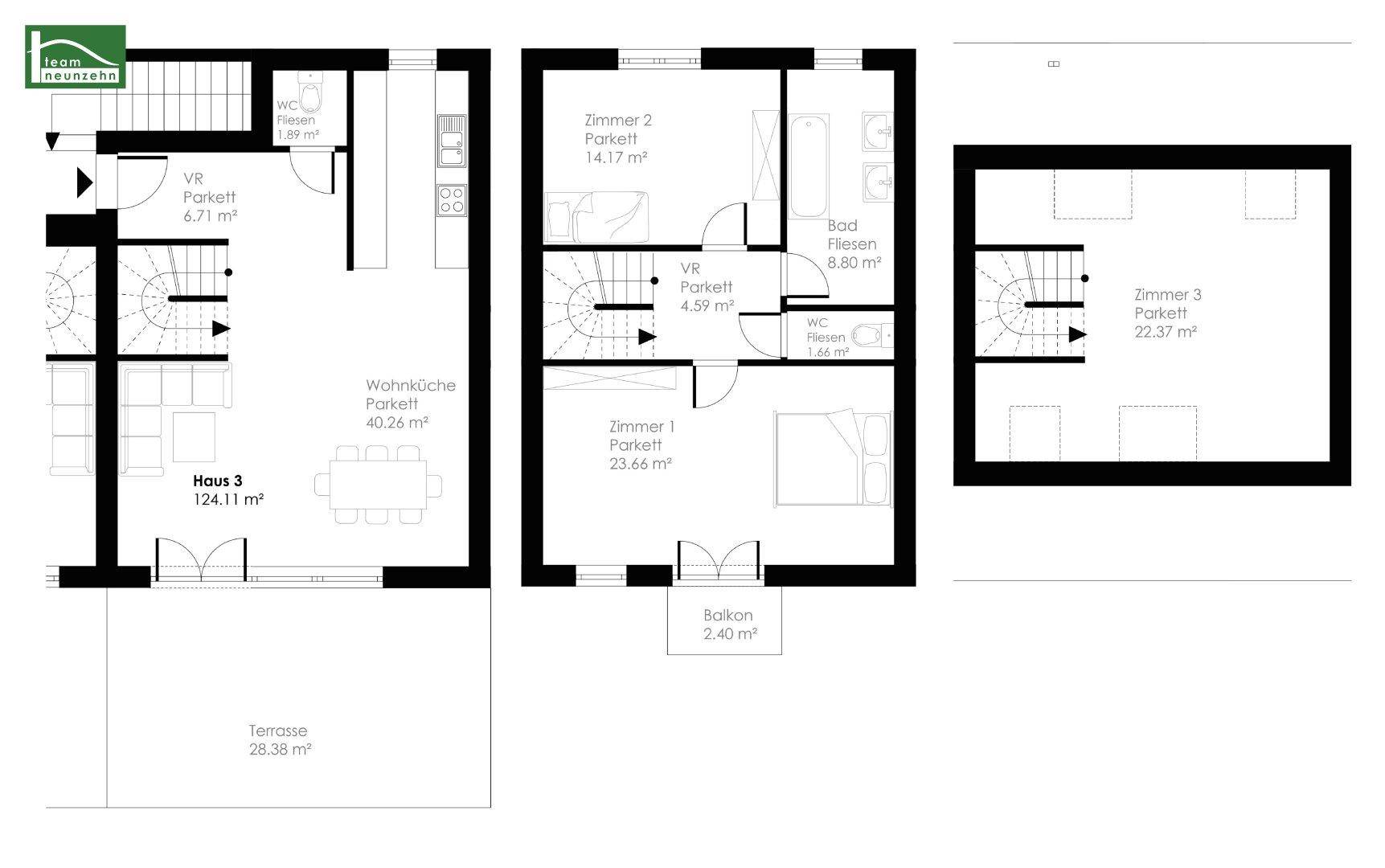 Detaillierter Grundriss von Haus 3 über mehrere Etagen mit Wohnküche, Zimmern und Terrasse.