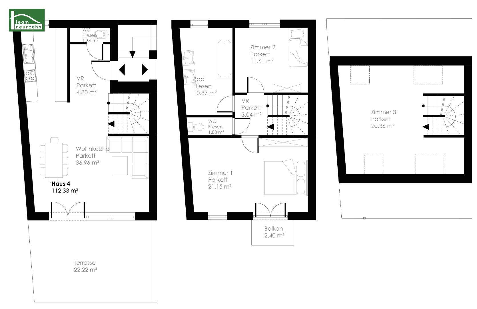 Detaillierter Grundriss von Haus 4 über mehrere Etagen mit Wohnküche, Zimmern und Terrasse.