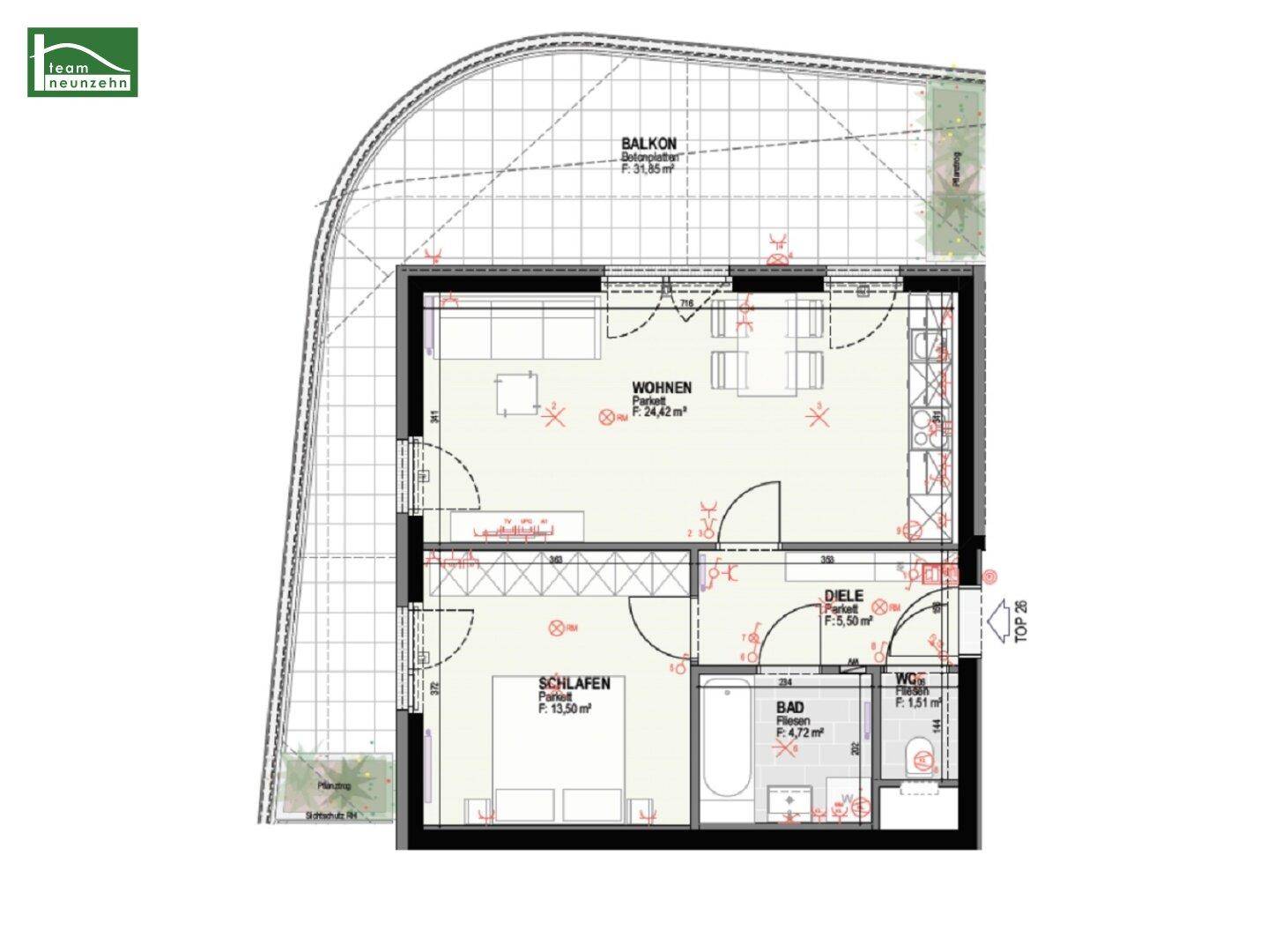 Grundriss einer Wohnung mit Wohnzimmer, Schlafzimmer, Bad und separatem WC.