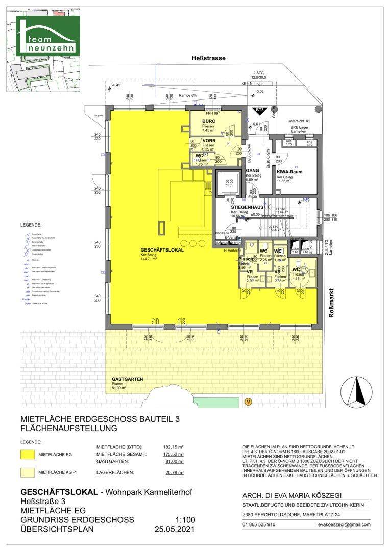 Grundriss des Erdgeschosses mit Geschäftsflächen, Büros und Sanitäranlagen, inklusive Gastgarten.