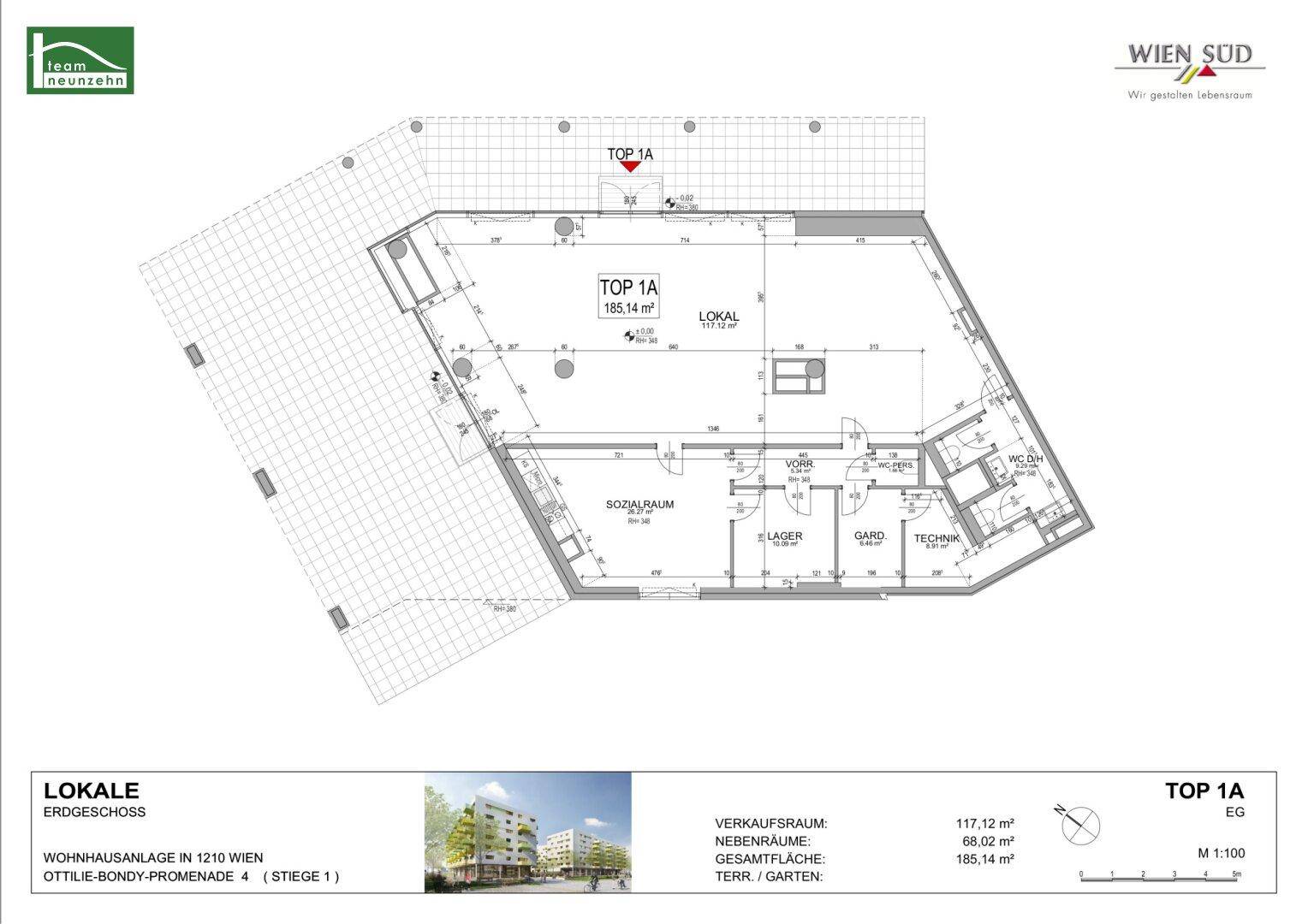 Grundrissplan einer Gewerbefläche im Erdgeschoss mit einer Gesamtfläche von 185,14 m².