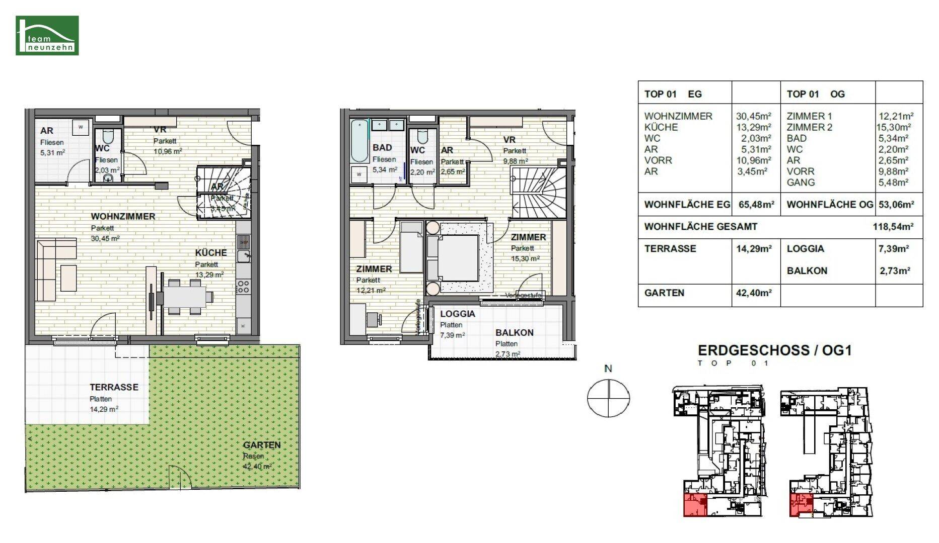 Detaillierter Grundriss der Erdgeschoss- und Obergeschosswohnung mit Garten und Terrasse.