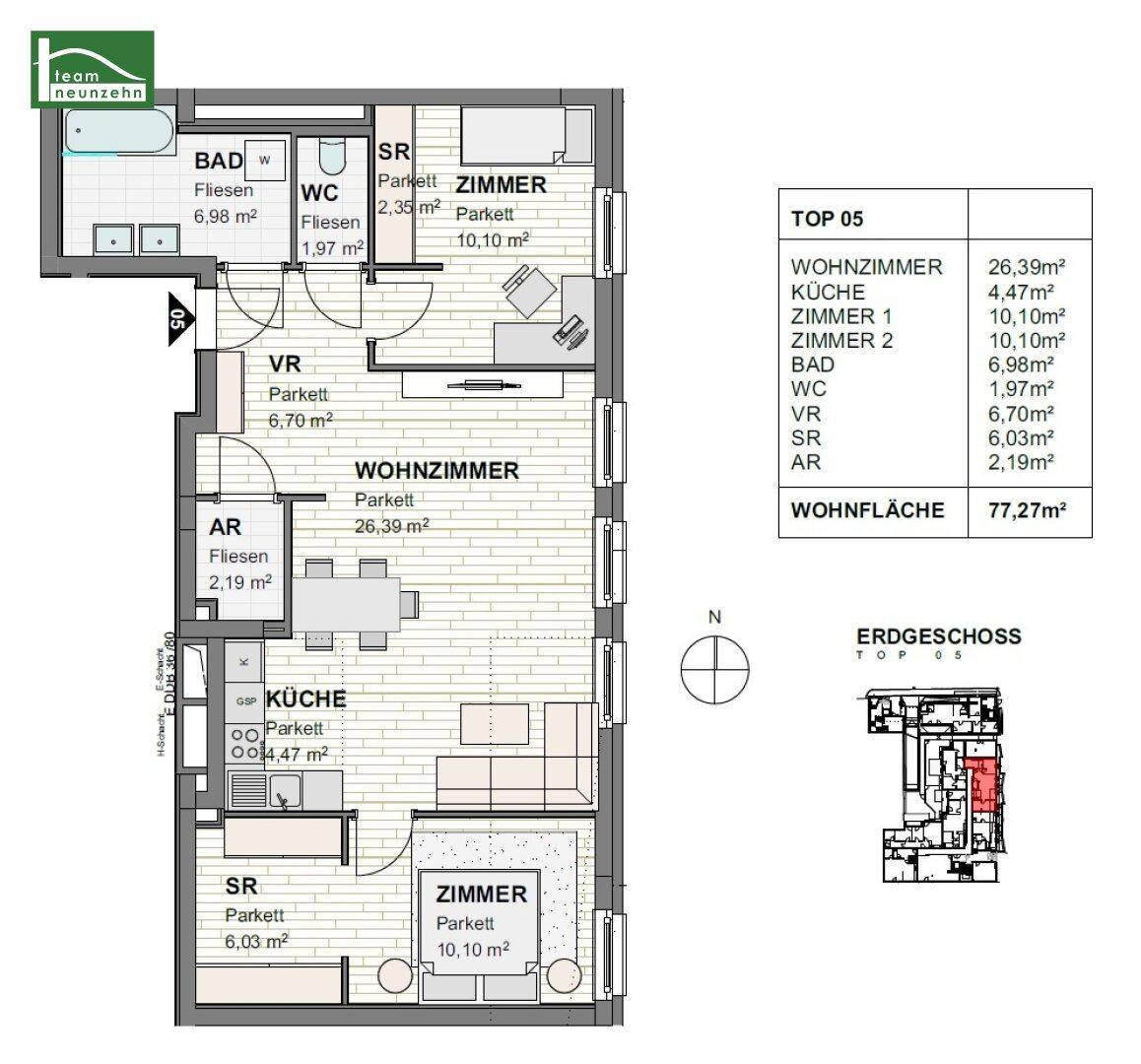Grundriss der Wohnung Top 05 im Erdgeschoss mit Wohnzimmer, Küche und zwei Zimmern.