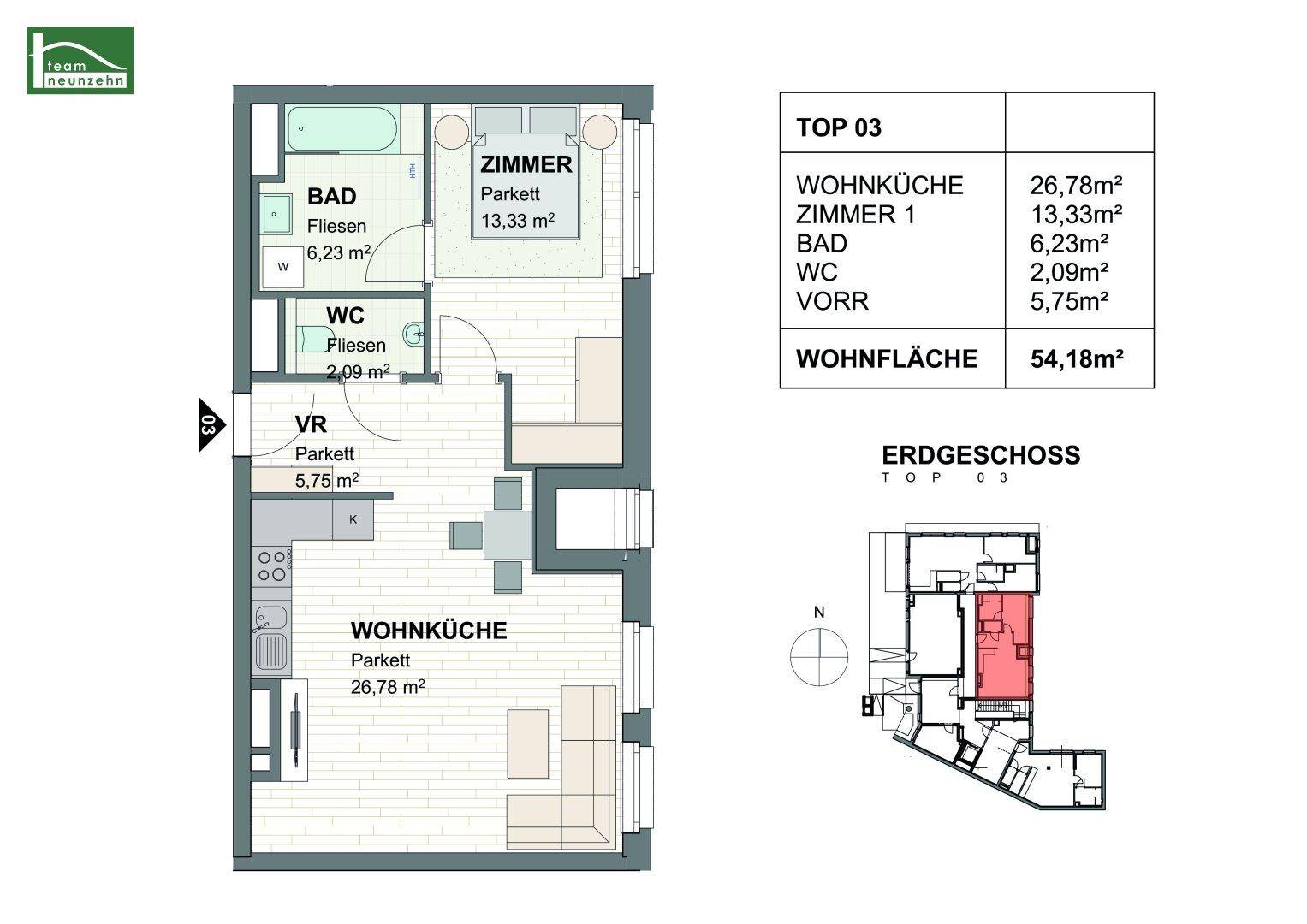 Grundriss der Wohnung Top 03 im Erdgeschoss mit Wohnküche, Schlafzimmer und Bad.