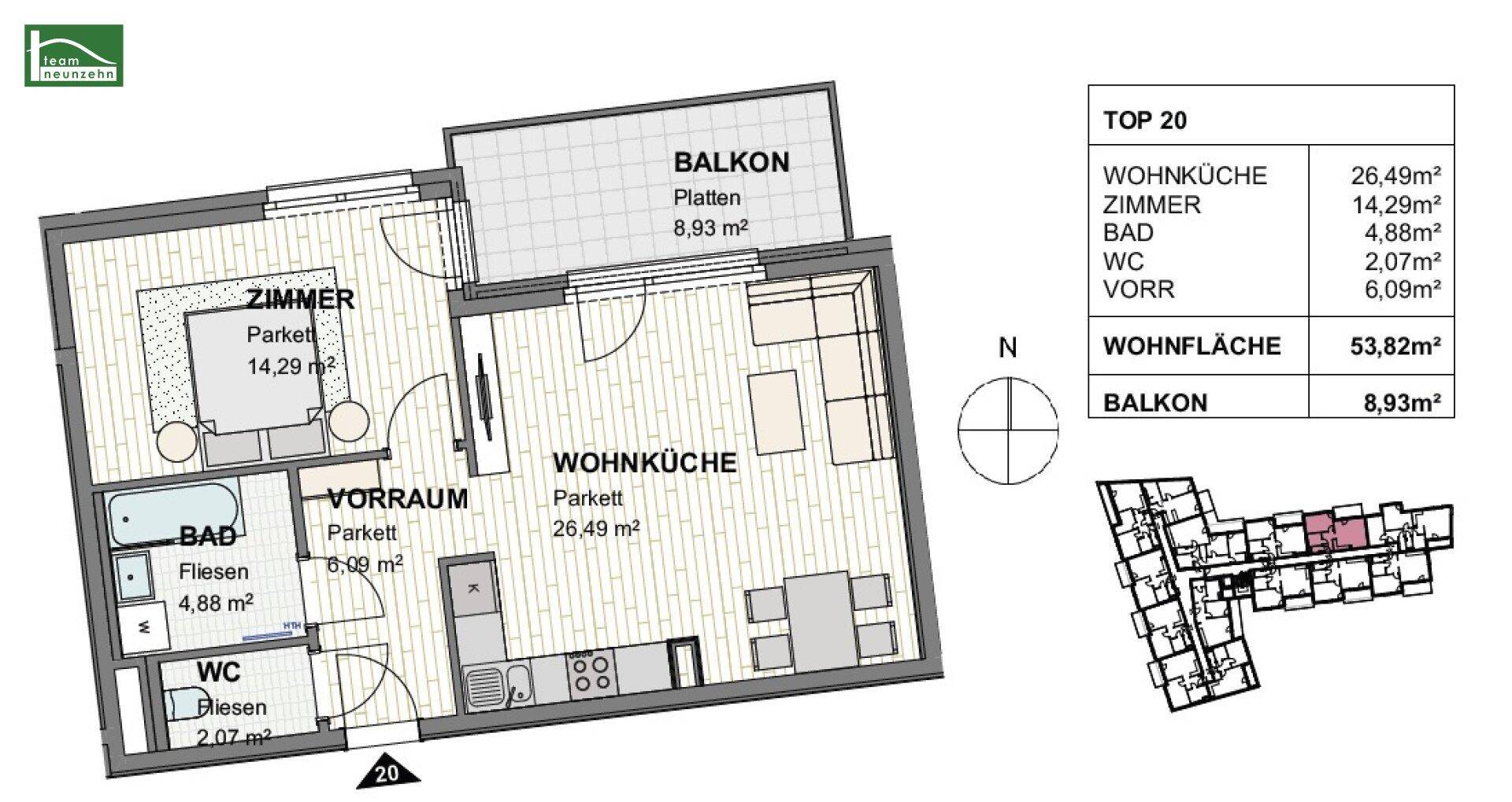 Grundriss der Wohnung TOP 20 mit Wohnküche, Zimmer, Bad und Balkon.