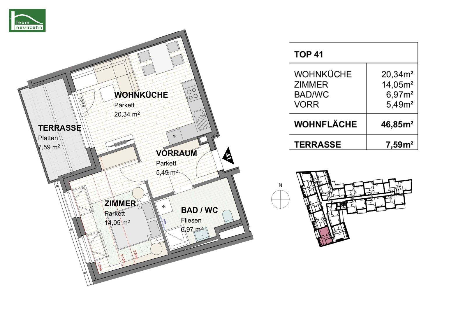 Detaillierter Grundriss der Wohnung Top 41 mit Wohnküche, Zimmer und Terrasse.