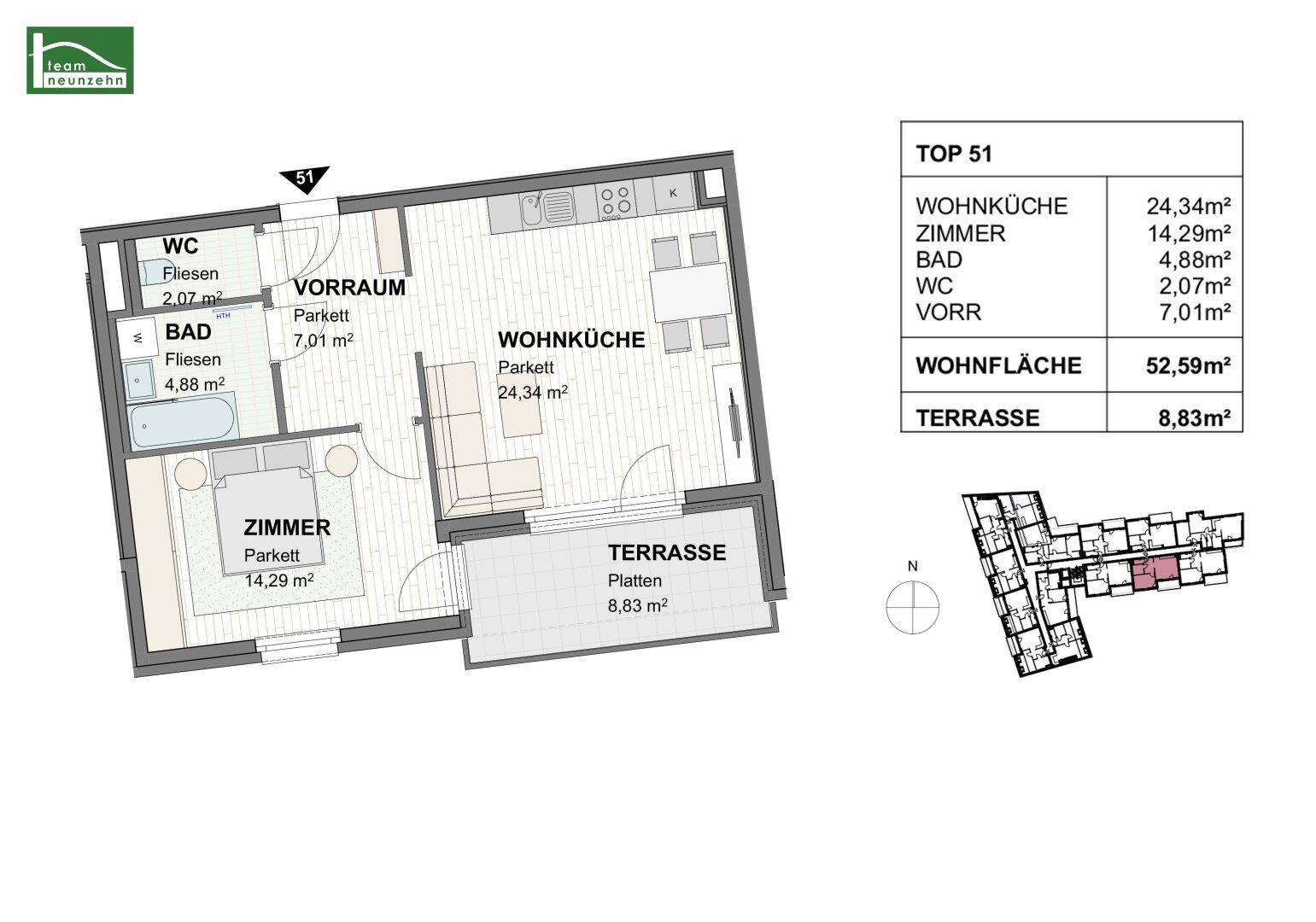 Grundriss der Wohnung TOP 51 mit Wohnküche, Zimmer, Bad, WC und Terrasse.