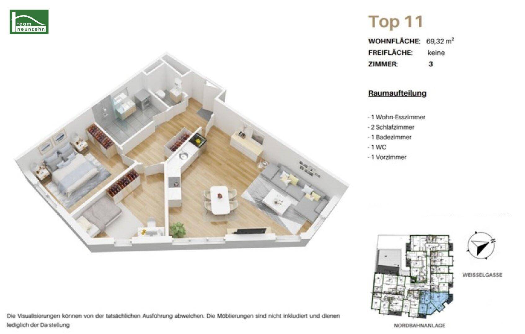 Dreidimensionaler Grundriss der Wohnung mit offenem Wohn-Essbereich und zwei Schlafzimmern.