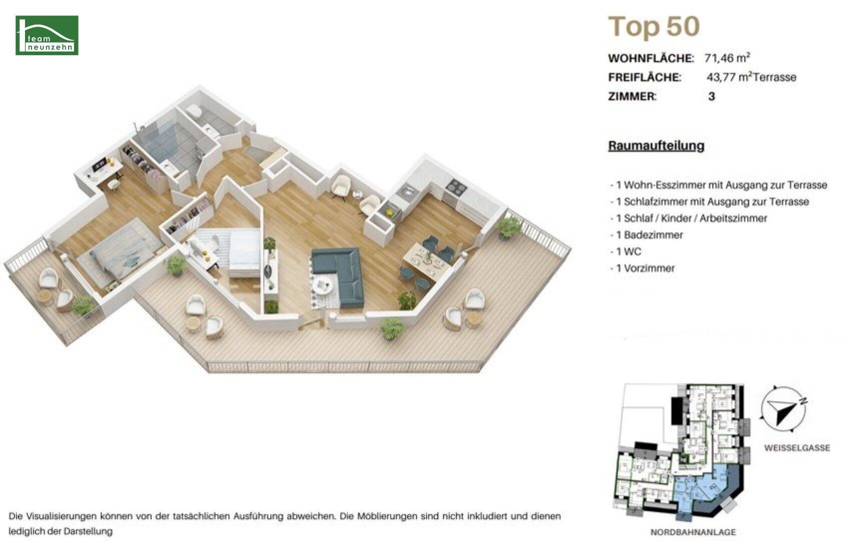 Detaillierter Grundriss mit Möblierung, zeigt Wohnbereich, Schlafzimmer und große Terrasse.