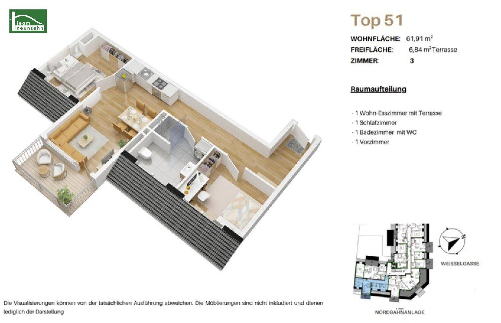 Dreidimensionaler Grundriss der Wohnung Top 51 mit Wohn-Esszimmer, Schlafzimmer und Terrasse.