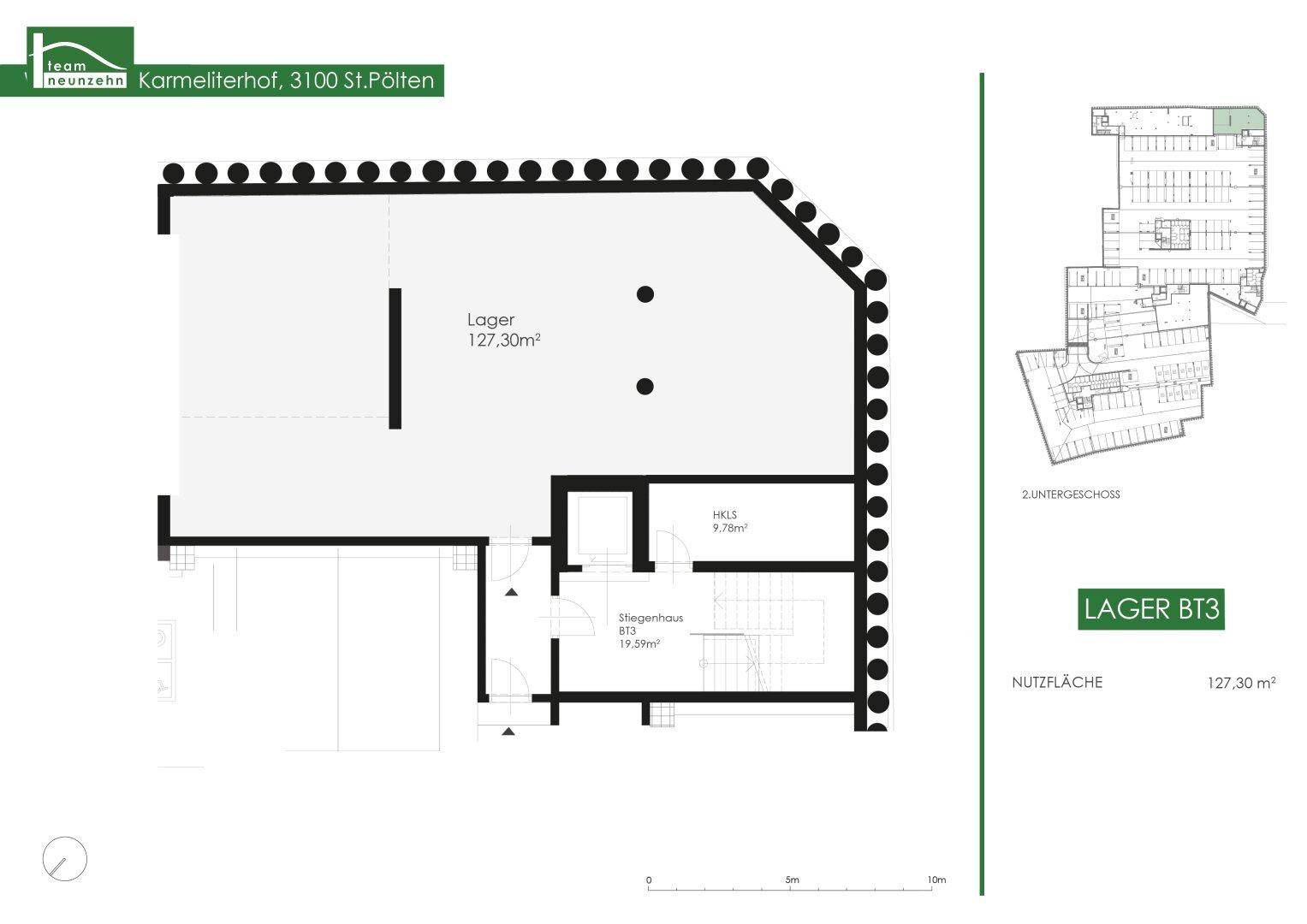 Grundriss eines Lagerraums im Untergeschoss mit einer Fläche von 127,30 m².