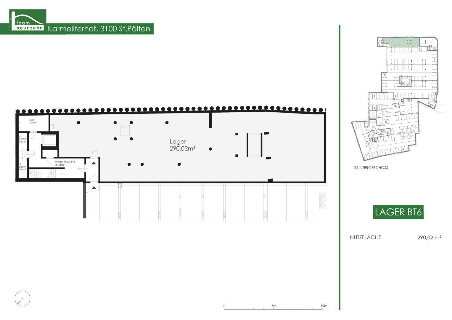 Grundriss des 2. Untergeschosses mit einer großen Lagerfläche von 290,02 m².
