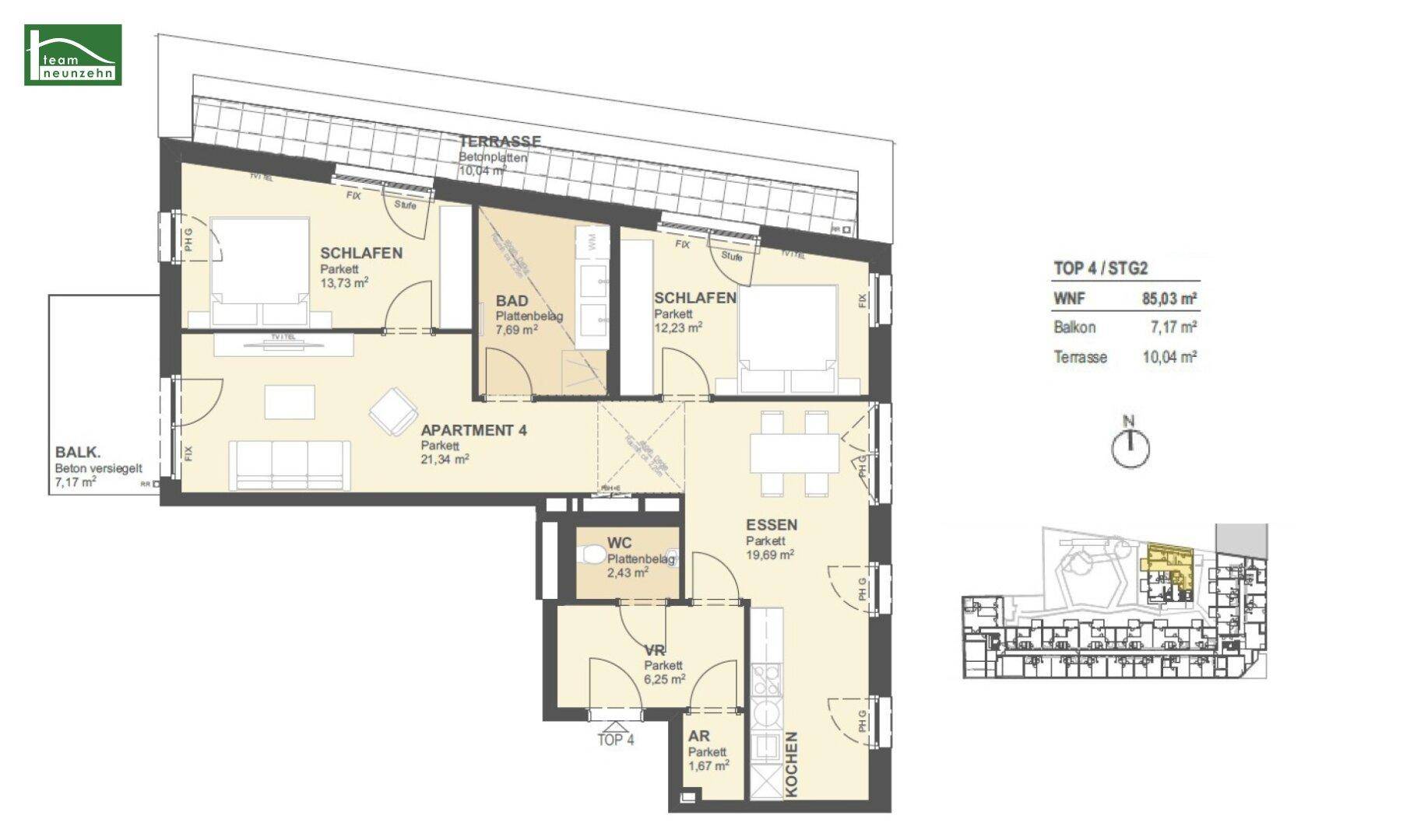 Grundriss einer Wohnung mit drei Schlafzimmern, offenem Wohnbereich, Balkon und Terrasse.