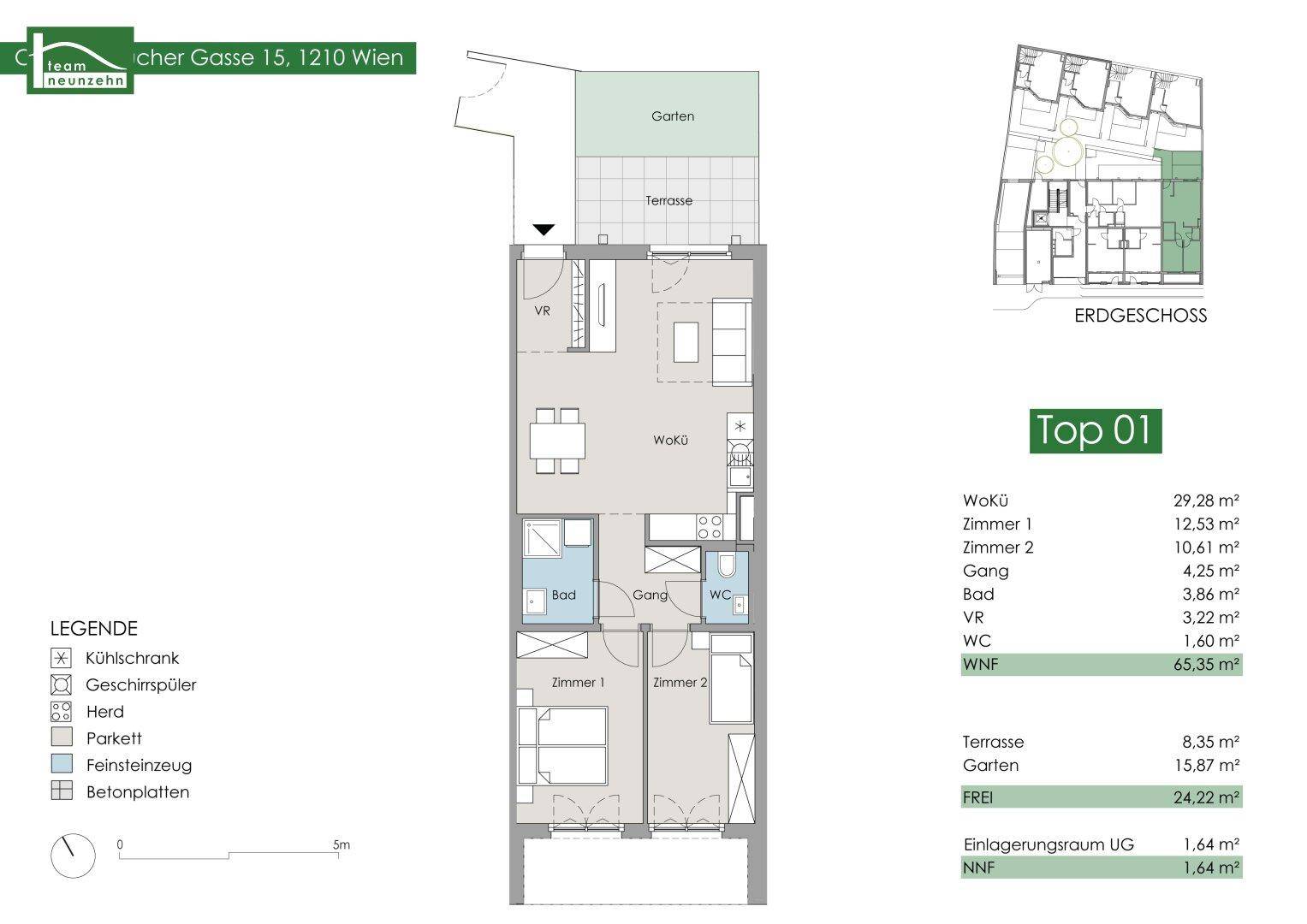 Grundriss der Erdgeschosswohnung mit offenem Wohnbereich, zwei Schlafzimmern, Bad, separatem WC, Terrasse und Garten.