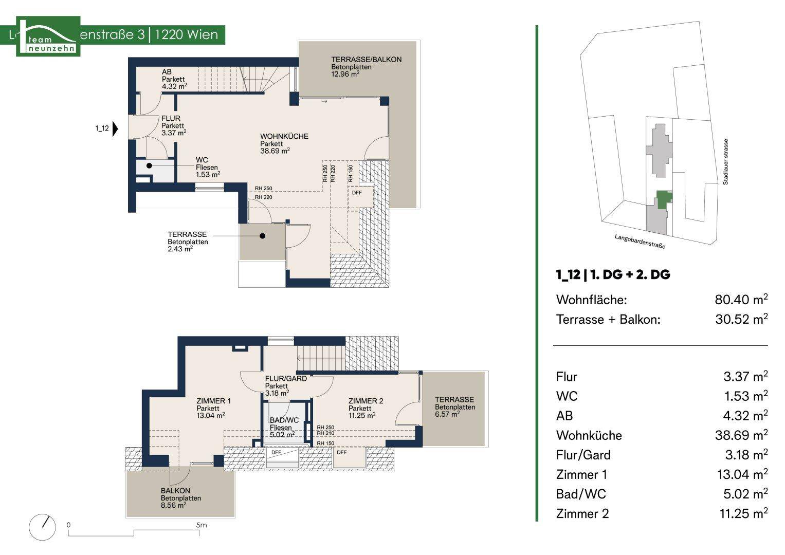 Grundriss einer Maisonette-Wohnung mit Wohnküche, zwei Schlafzimmern, Terrassen und Balkon.