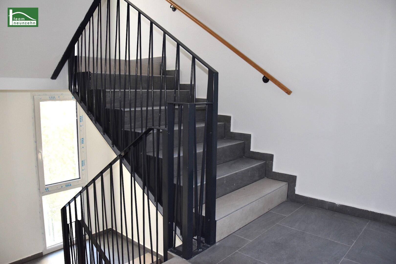 Modernes Treppenhaus mit dunklen Stufen, schwarzem Geländer und Holzhandlauf, gut beleuchtet.