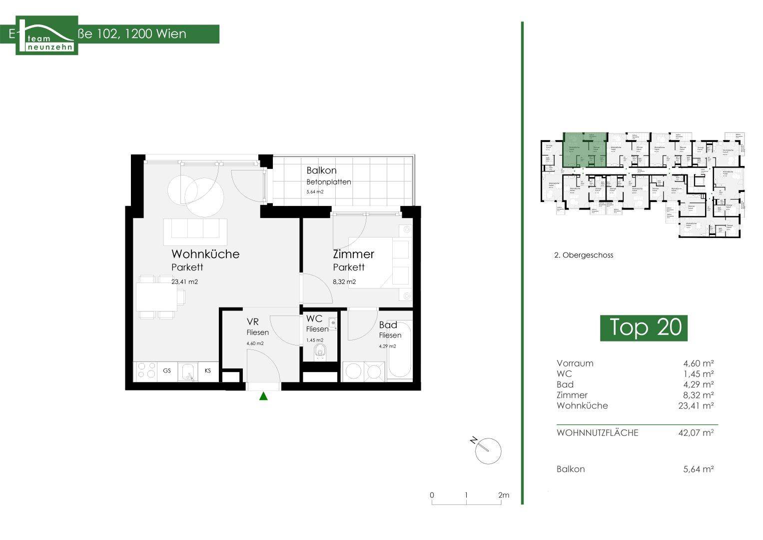 Grundriss der Wohnung mit Wohnküche, Zimmer, Bad und Balkon.