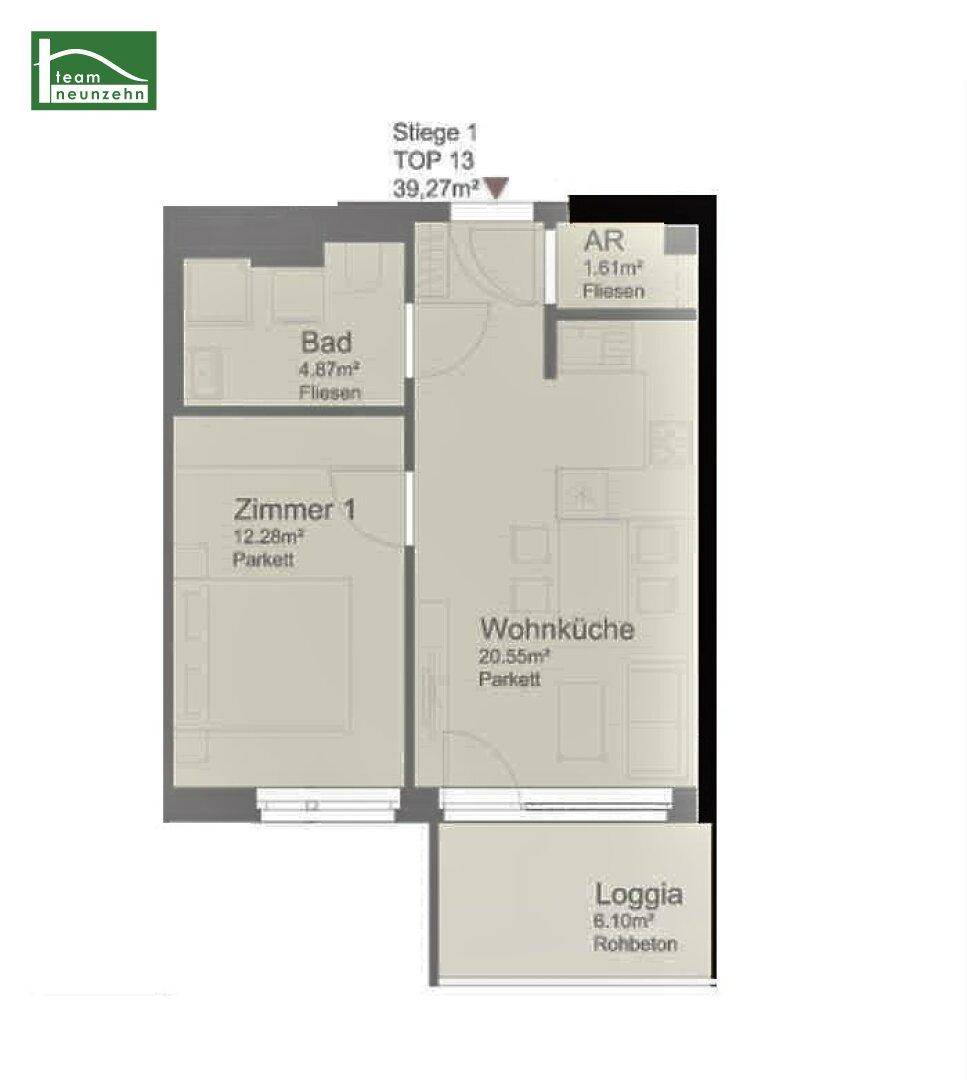 Grundriss einer Wohnung mit Wohnküche, einem Zimmer, Bad, Abstellraum und Loggia.