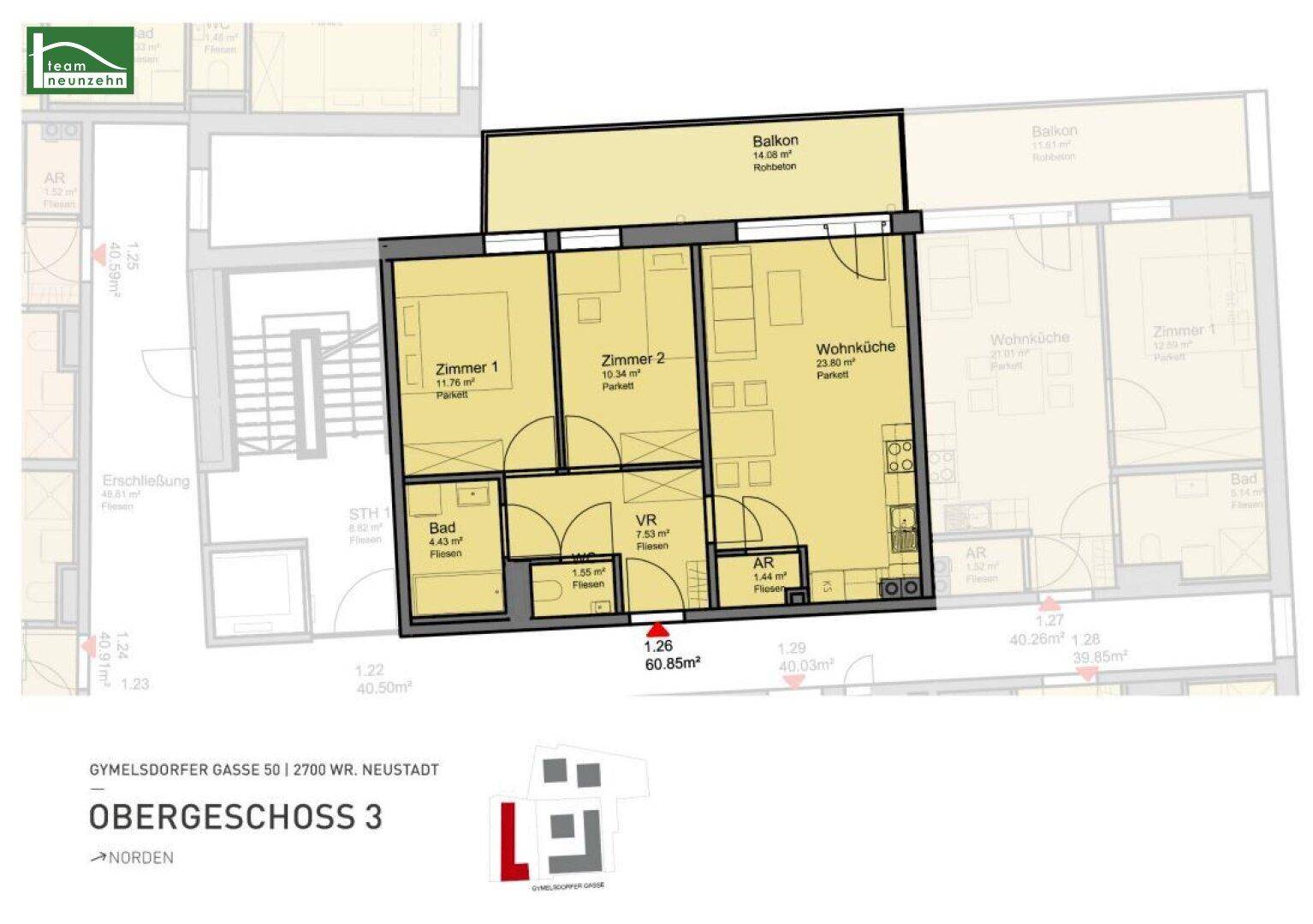 Grundriss des Obergeschosses 3 mit zwei Zimmern, Wohnküche, Bad und Balkon.