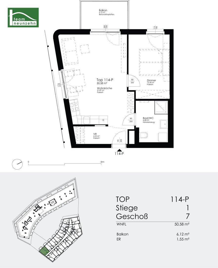 Grundriss der Wohnung Top 114-P im 7. Geschoss mit Balkon und offenem Wohnbereich.