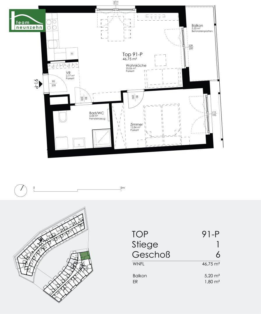 Grundriss der Wohnung mit Balkon, Bad/WC und offenem Wohnbereich, effiziente Aufteilung.
