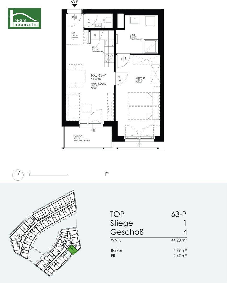 Grundriss der Wohnung Top 63-P im 4. Stock mit Wohnküche, Zimmer und Balkon.