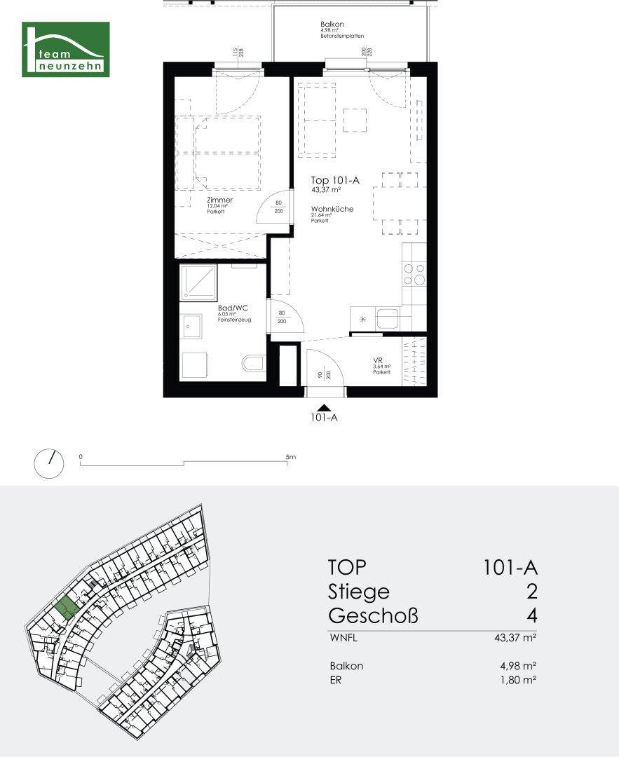 Grundriss der Wohnung Top 101-A mit einem Zimmer, Wohnküche und Balkon.
