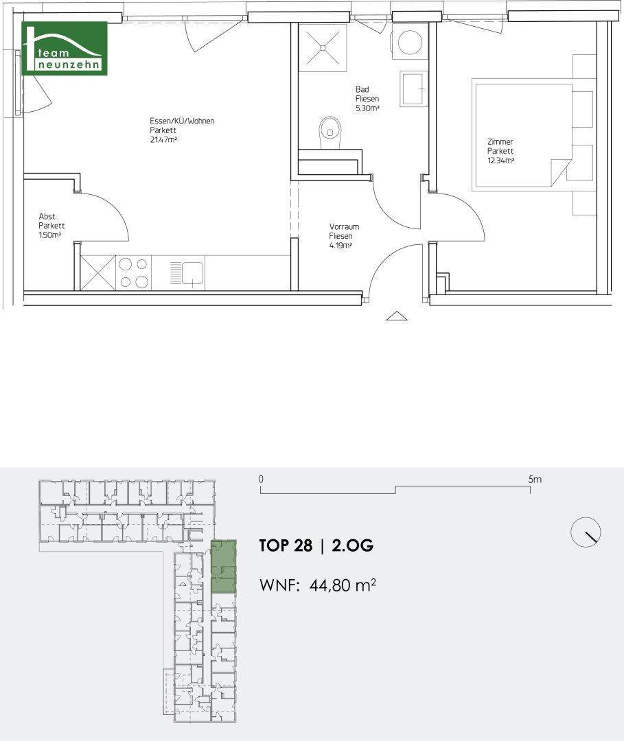 Grundriss der Wohnung TOP 28 im 2. Obergeschoss mit 44,80 m² Wohnfläche und offener Raumaufteilung.