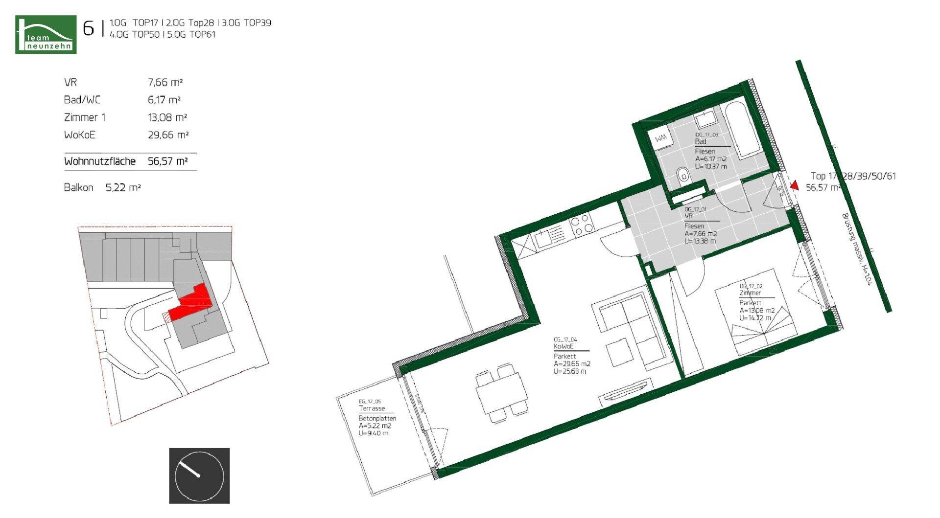 Grundriss einer Wohnung mit Raumaufteilung, Balkon und Terrasse sowie Flächenangaben.