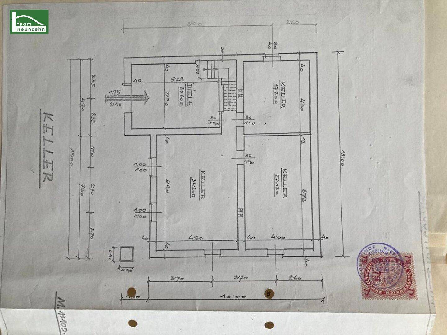 Historischer Grundriss des Kellergeschosses mit verschiedenen Kellerräumen.