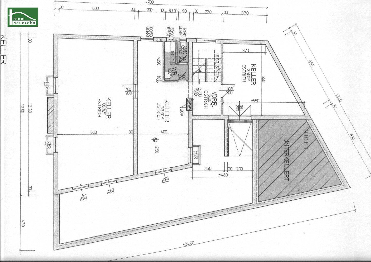 Grundriss des Kellergeschosses mit mehreren Kellerräumen und einem nicht unterkellerten Bereich.