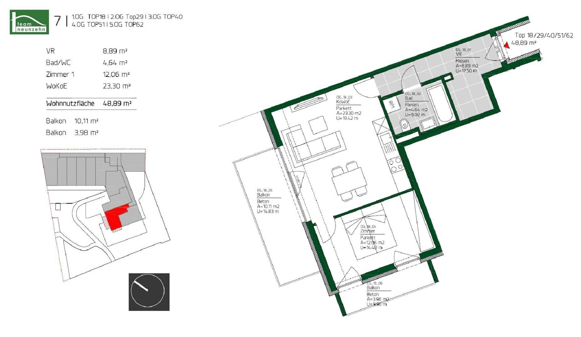 Grundriss einer Wohnung mit Balkon, Schlafzimmer und offenem Wohnbereich.