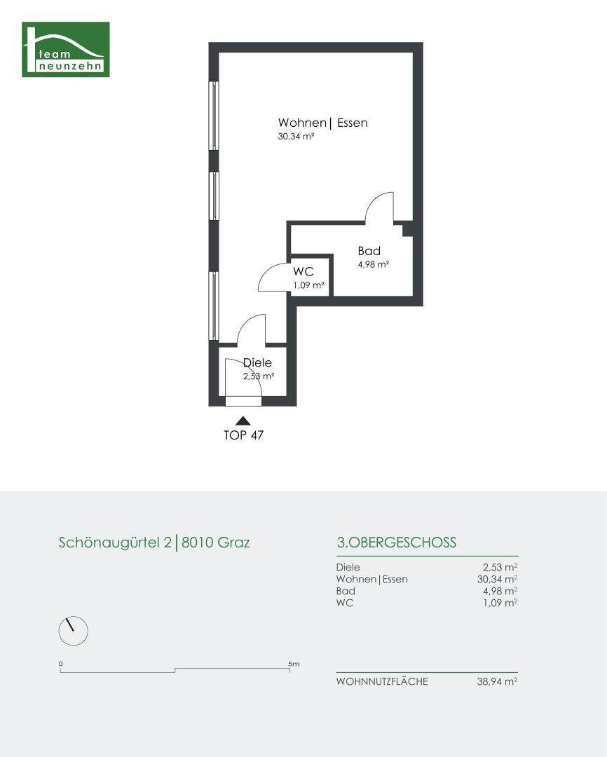 Grundriss der Wohnung Top 47 mit Wohn-Essbereich, Bad und separatem WC.