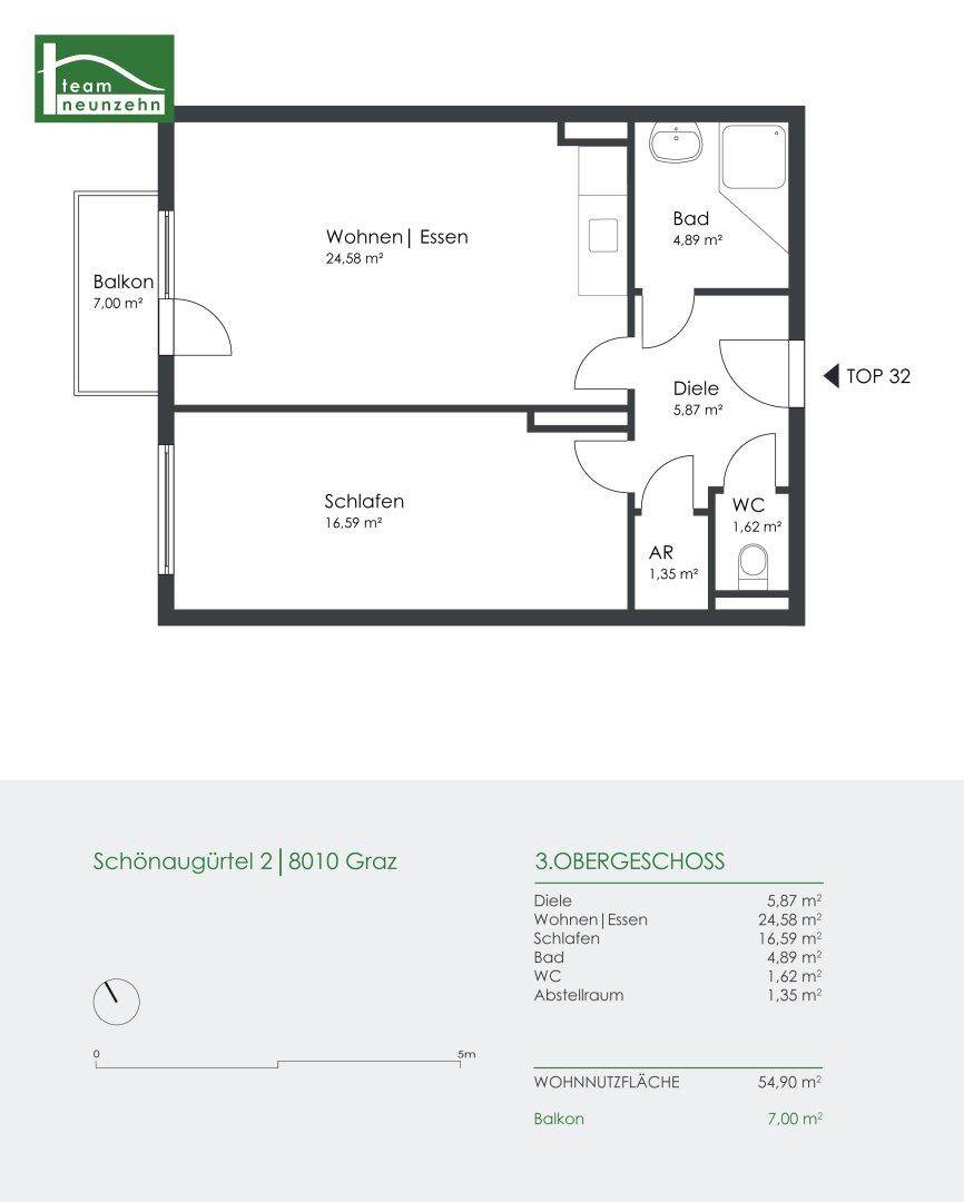 Grundriss einer Wohnung mit offenem Wohn-Essbereich, Schlafzimmer, Bad, WC und Balkon.