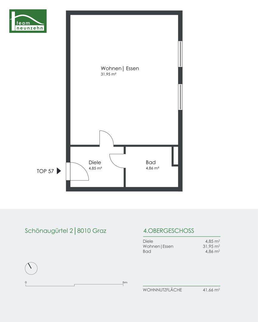 Grundriss der Wohnung Top 57 mit offenem Wohn-Essbereich und Badezimmer.